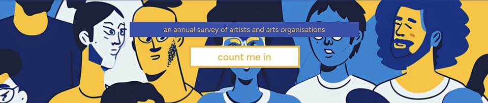 Blue and yellow illustration of diverse faces in a crowd with a 'count me in' button
