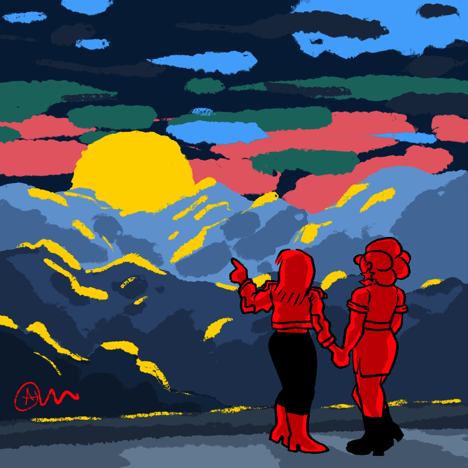 A drawing of Ellie and Tina from Meeting Comics. They are holding hands and watching the sun set behind mountains.