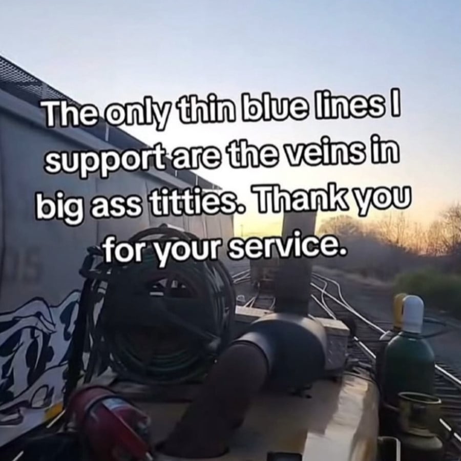 Photo of an old steam engine on some train tracks with a concrete building on one side and some foliage on the other. Overlaid text reads: "The only thin blue lines I support are the veins in big ass titties. Thank you for your service."