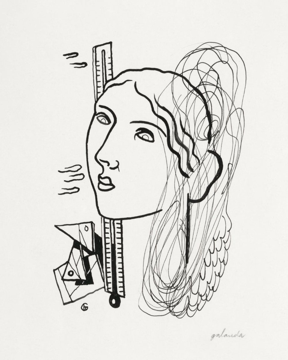 Black and white illustration of a woman's face with a thermometer, and several geometric shapes.