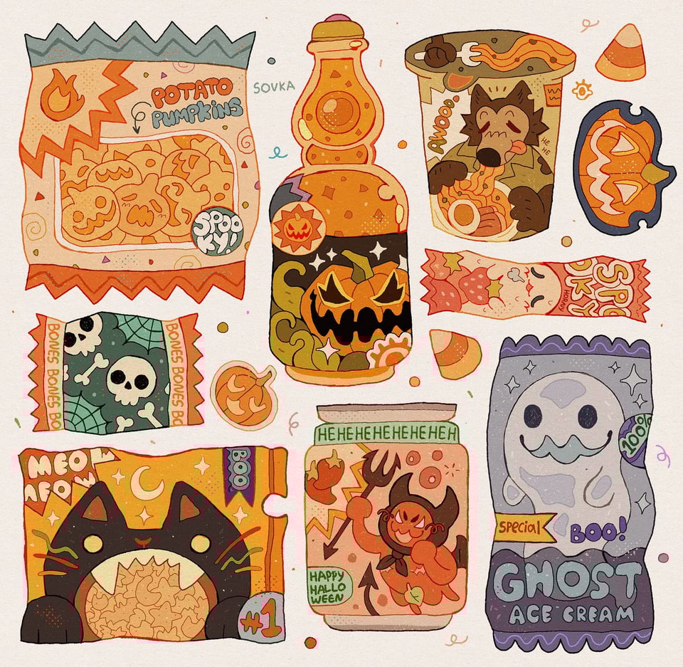 An illustration of halloween-themed snacks in packets, like a ghost ice cream, potato chip pumpkins, and a pumpkin-flavor