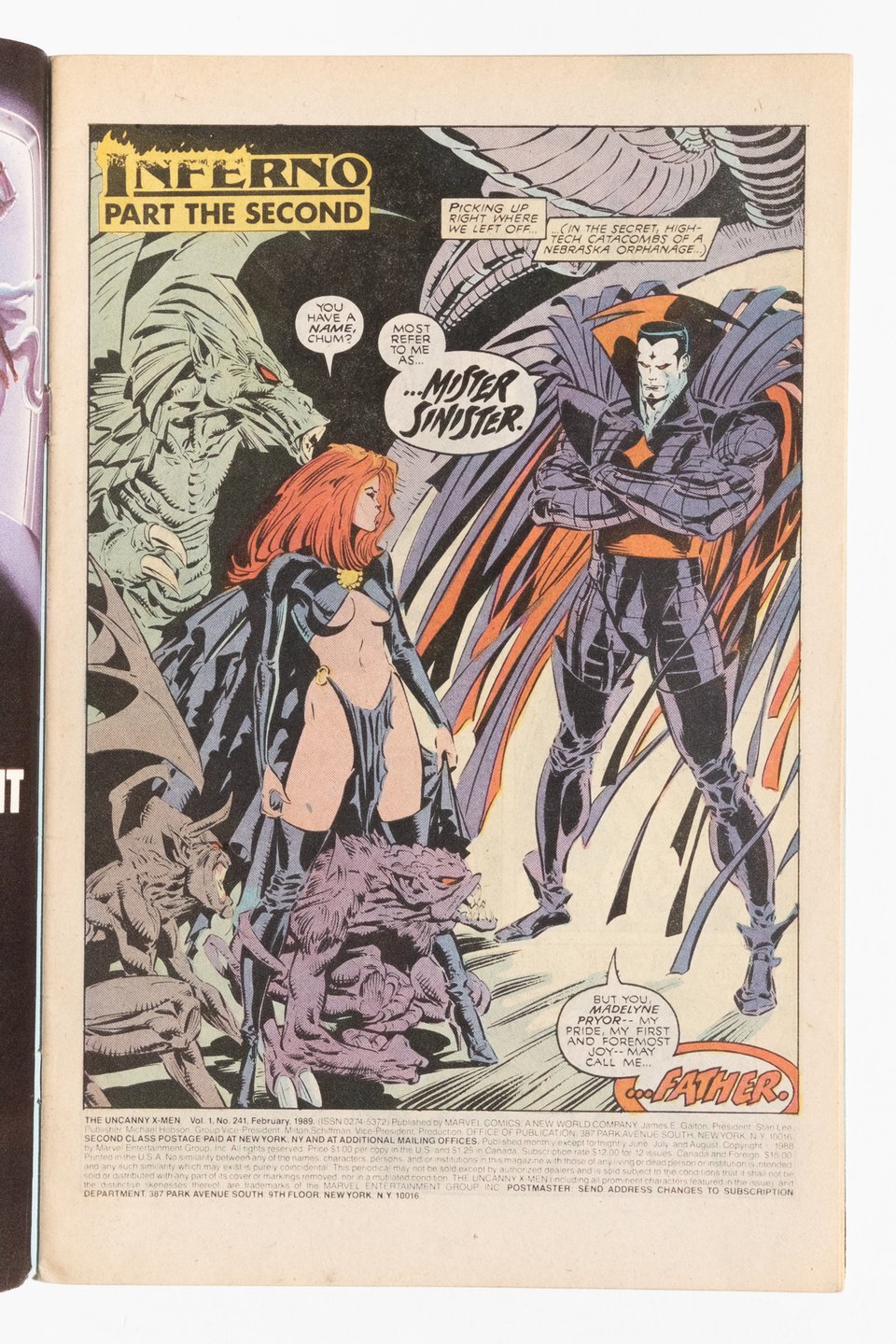 Title page from Uncanny X-Men 241 by Marc Silvestri and Dan Green. Words by Claremont. Mister Sinister introduces himself to Madelyne Pryor, who is flanked by demons and wearing some carefully placed rags.