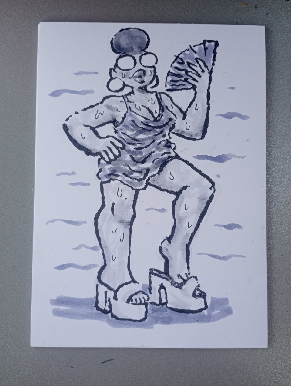 a drwing of Val fanning herself and sweating