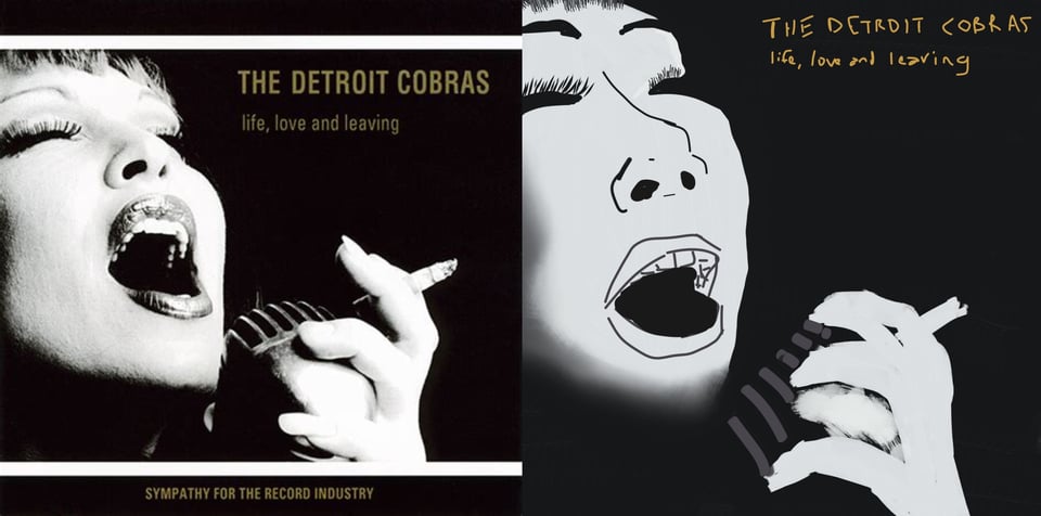 A black and white photo, a close up of singer Rachel Nagy (I believe), a white woman. Her eyes are closed and she is singing triumphantly into an old-style microphone she holds in one hand, a cigarette pinched between two fingers. She has makeup on, including dark, probably red, lipstick. The vibe is that of a '50s style torch singer.