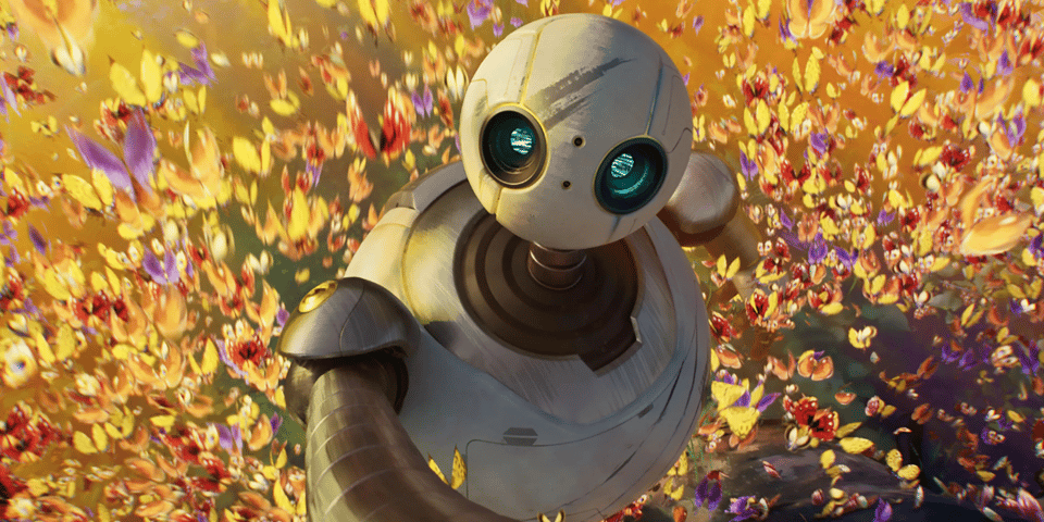 A robot in a burst of butterflies.