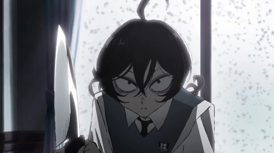 A black-haired girl in a school uniform with bags under her eyes holding a large knife in Sanda (2025)