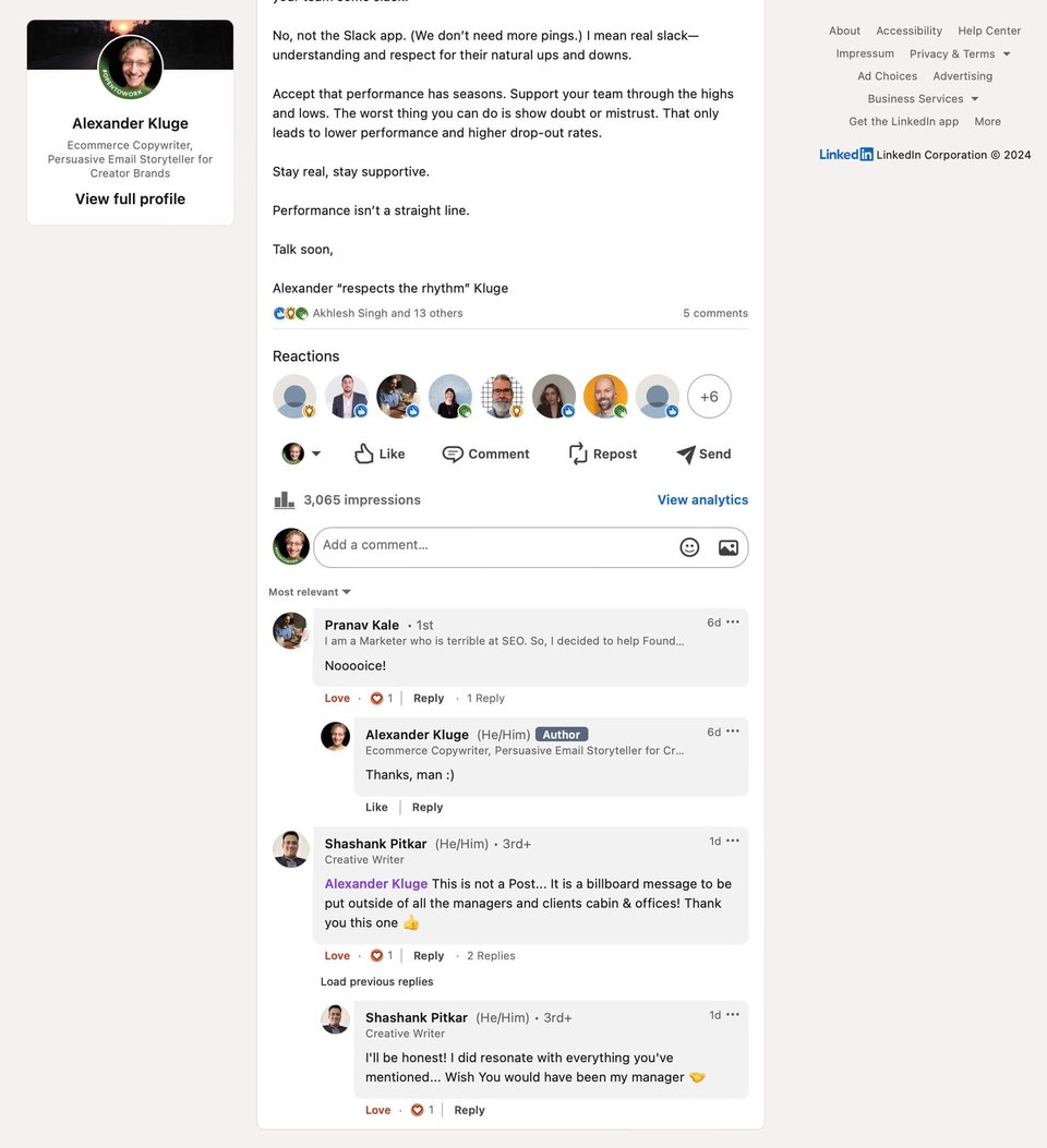 202405230856 "This is not a Post... It is a billboard message to be put outside of all the managers and clients cabin & offices" -LinkedIn - Expecting employees to perform at their peak every single day? Relax. - Bildschirmfoto 2024-05-23 um 08.58.21.jpg