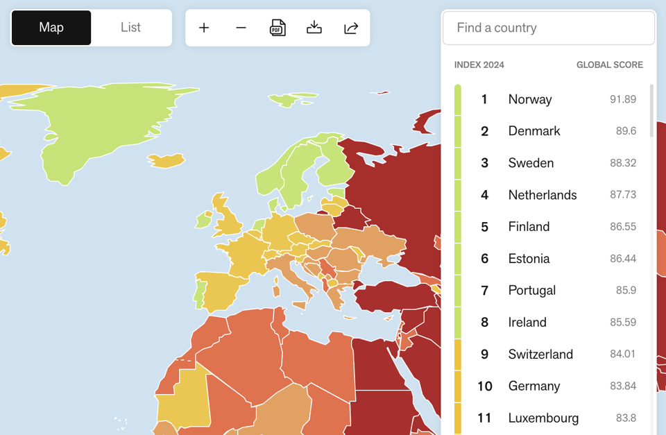 Subset of color-coded map of press freedom in Europe and North Africa