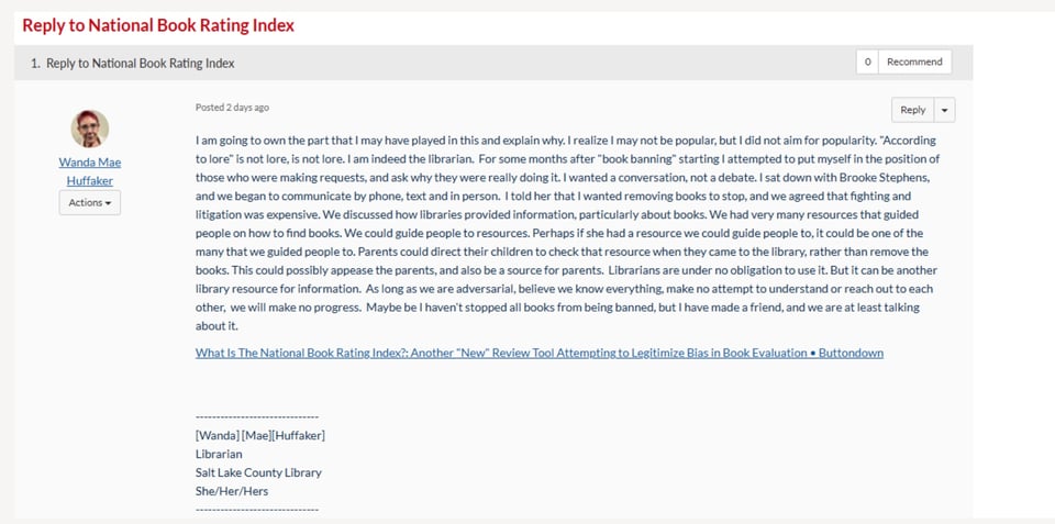 Image of the librarian who asked for a National Book Rating Index.