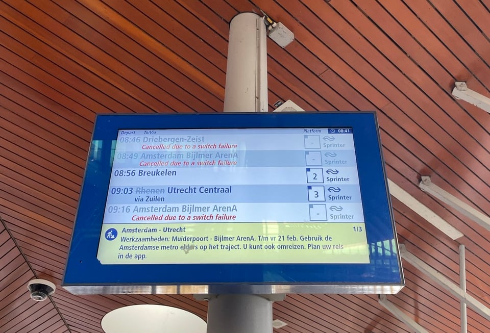 Train times at the station, but the trains are mostly all cancelled because of a failed switch.