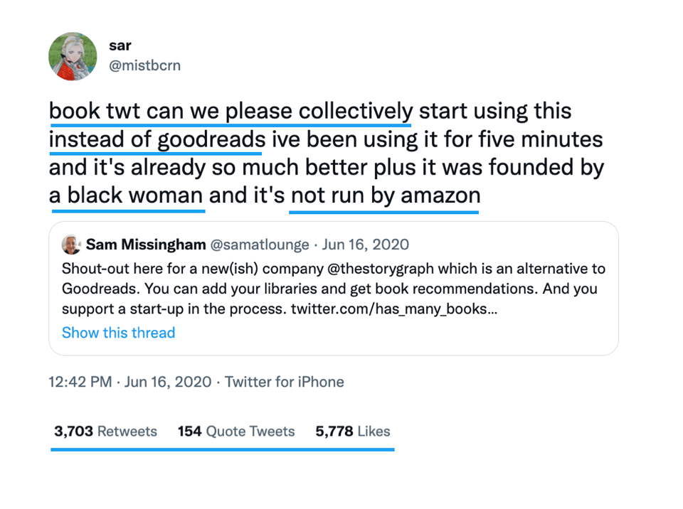 A tweet from sar @mistbcrn saying: “book twt can we please collectively start using this instead of goodreads ive been using it for five minutes and it’s already so much better plus it was founded by a black woman and it’s not run by amazon”. The tweet quotes Sam Missingham, who says: “Shout-out here for a new(ish) company @thestorygraph which is an alternative to Goodreads. You can add your libraries and get book recommendations. And you support a start-up in the process.” The tweet shows 3,703 retweets, 154 quote tweets, and 5,778 likes.