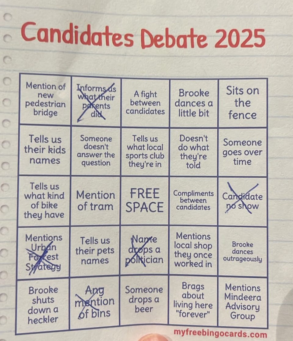 Bingo card for the debate, with squares including "Name drops a politician", "Candidate no show", "Tells us what local sports club they're in" and others.