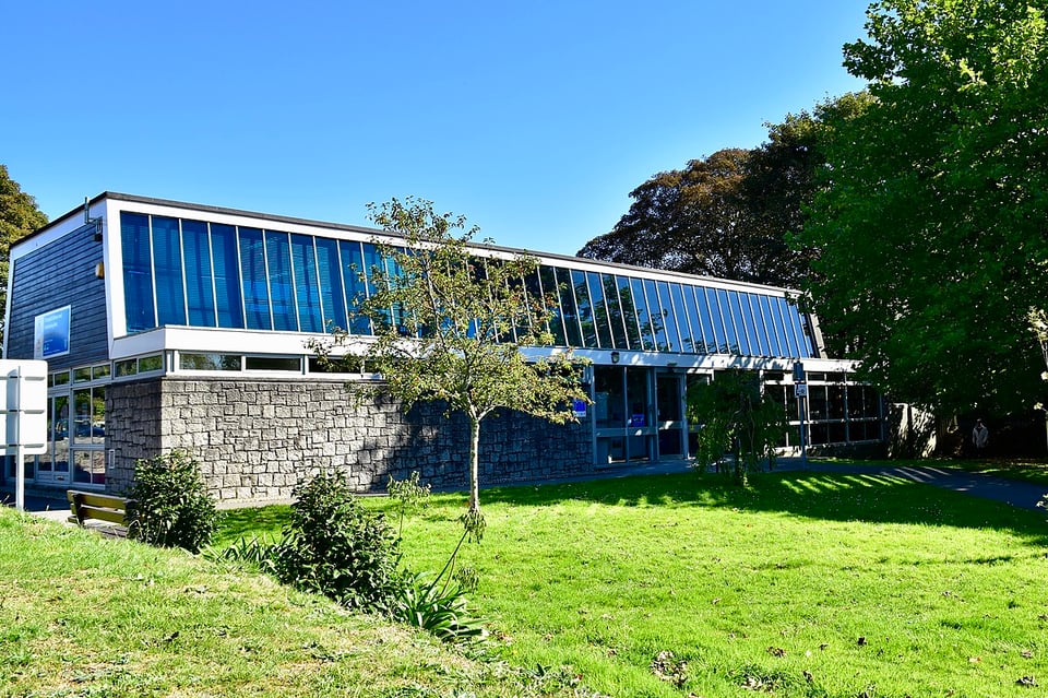 A two storey library set in a park. The ground floor has a rubble wall and glass wall which is shaded by a large tree. The upper storey is set back a little and is an entire wall of glass.