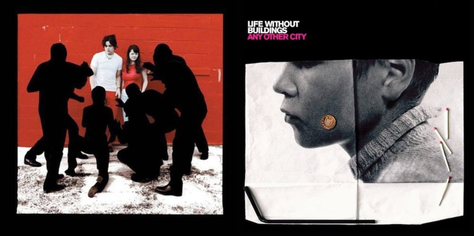 First pic: A color photo of The White Stripes: Jack, white man with black hair wearing a white t-shirt and red pants and Meg, a white woman with long black hair wearing a red shirt and white pants. They are standing against a red wall and are being menaced by six figures wearing all black and black hoods, turning them into silhouettes, like what stage puppeteers wear. The ground looks like it has white paint spilled over it. Jack looks a little unnerved, but Meg is inscrutable, which is normal for her. Second pic: A black and white photograph of a white woman, in close up, in profile. She has short dark hair and wears a sweater. Notably, it isn't one picture, but a composite of four different takes of the same picture arranged in a 2 x 2 grid. On top of the photos is a single copper coin, placed on the woman's cheek, and four matches near the back of her neck. There is some kind of long black thing at the bottom -- a straw? A piece of metal?