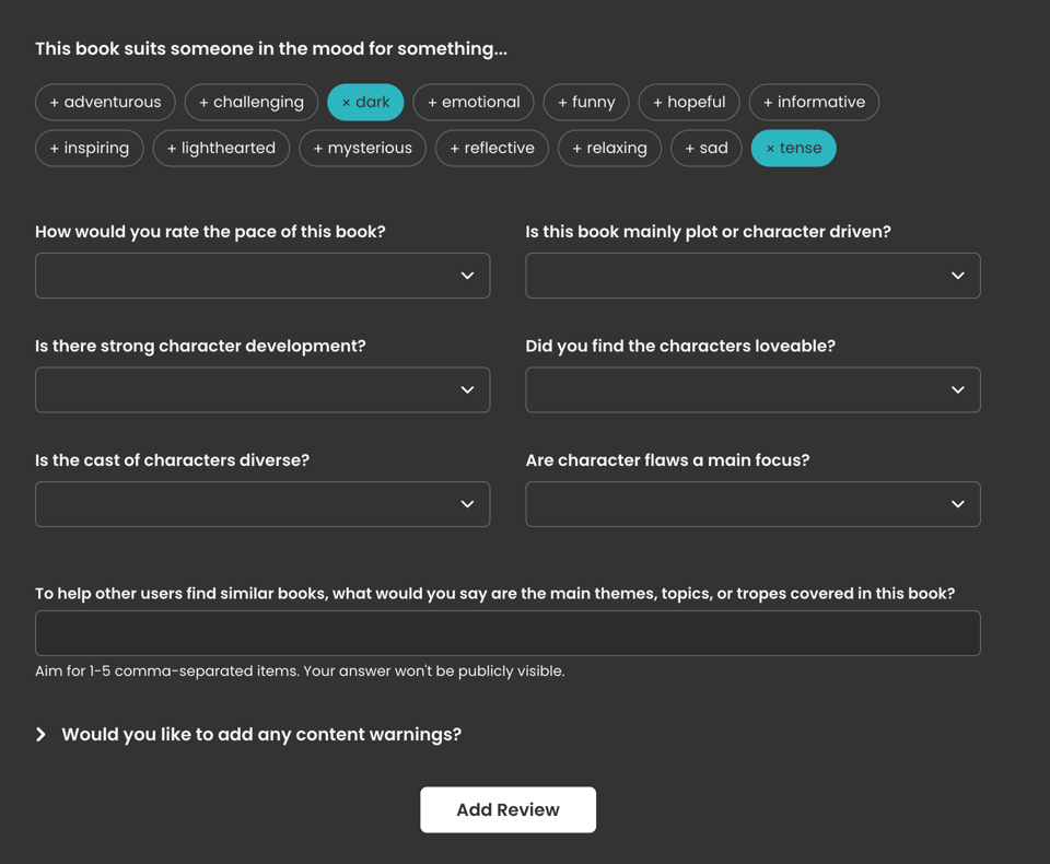 Dark-mode StoryGraph “Add Review” screen for Erotic Stories for Punjabi Widows. The page includes star rating selectors, a rich-text review input field, selectable mood tags such as dark and tense, dropdown questions about pacing and character development, and a final “Add Review” button.