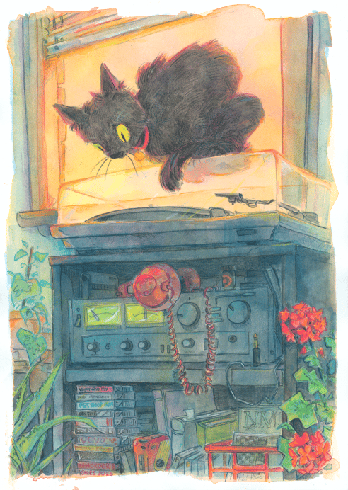 A watercolour and coloured pencil painting of a black cat sitting on a record player.