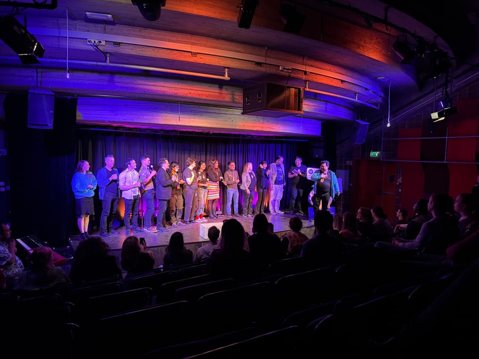 A group of about 15 people are standing in a row on stage with the silhouette of the audience in the foreground.