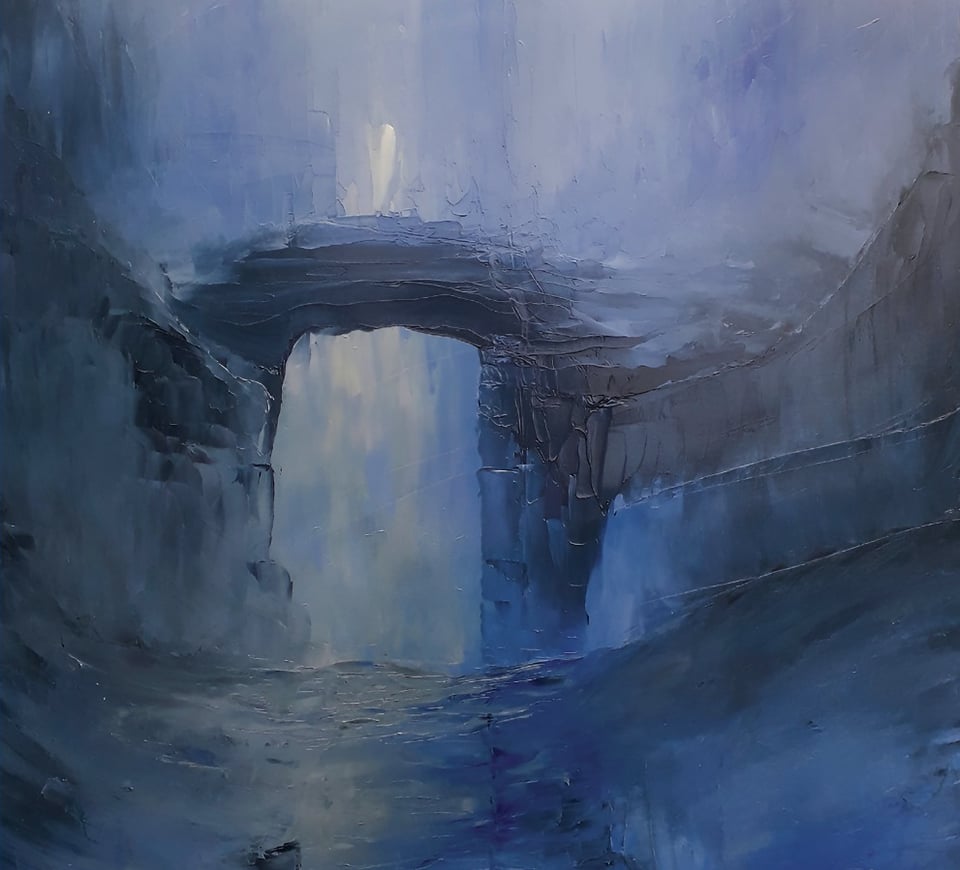 Broad-brush and impressionistic painting of a dark, cold and possibly icy-seeming arch. Titled Under the Bridge, and painted by Irish artist Taylor Bernard, this painting will form the cover art for the album Honeymoon Bridge.