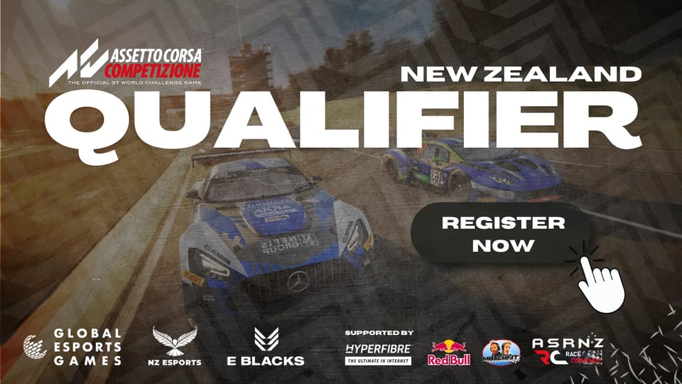 Cars from ACC with the logos of all the brands associated with the Global Esports Games NZ qualifiers