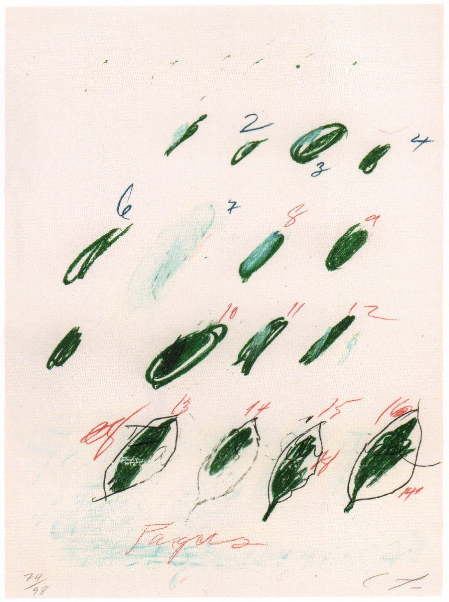 A drawing with a series of ovals painted partially green to resemble leaves