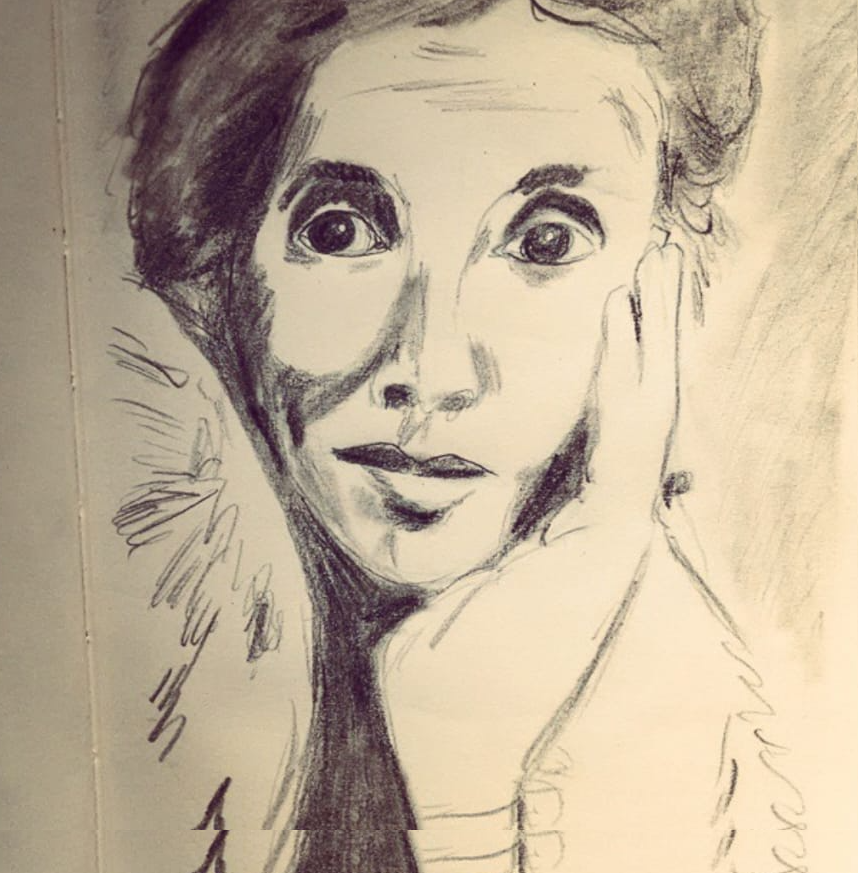 a pencilled image of Virginia Woolf, one hand to her face (hands are hard!)