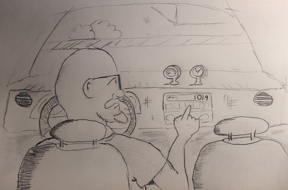 A catoon drawing a a man in a car tuning the car radio to 101.9
