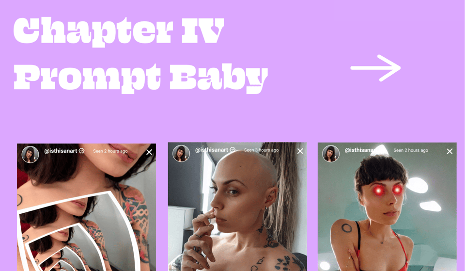 Three images from Prompt Baby, cropped to only the top half on a lilac background underneath the heading "Chapter IV"