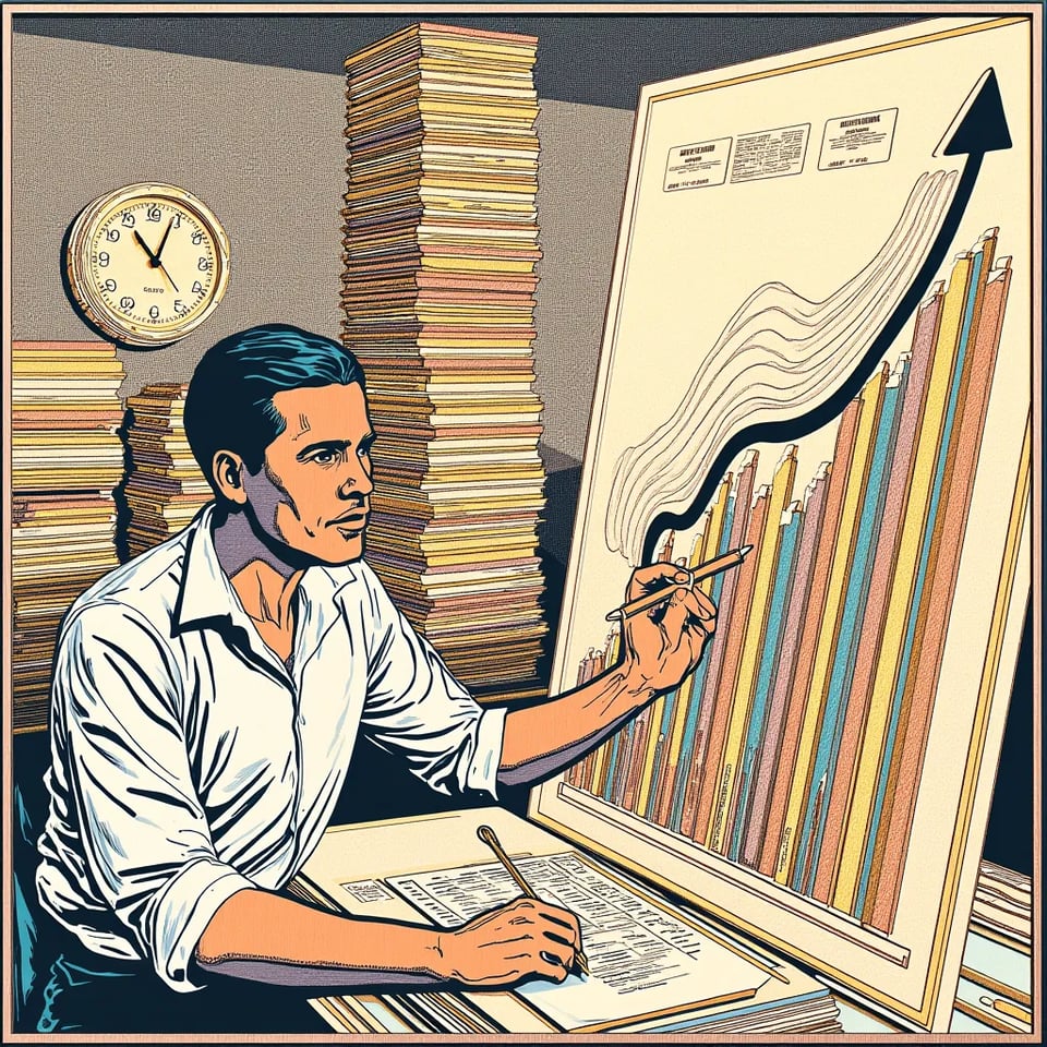 An office worker drawing a beautiful chart while work piles up behind him