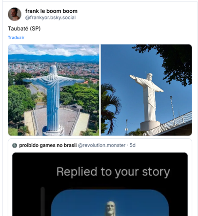 Post de frank le boom boom (@frankyor.bsky.social): Taubaté (SP)

Post contém duas fotos de estátua estilo réplica de Cristo Redentor.