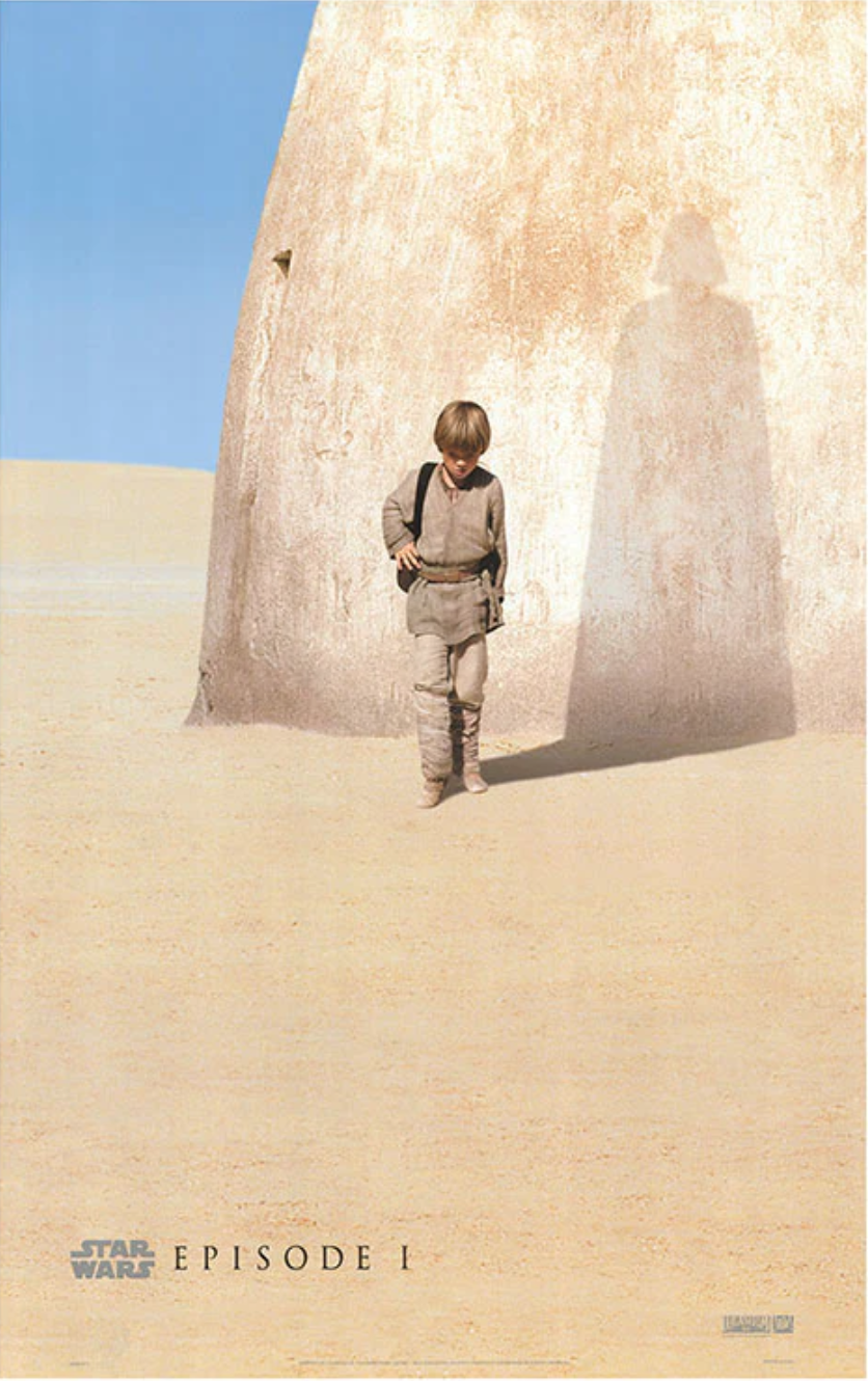 poster image to promote star wars episode 1 the phantom menace showing a young anakin skywalker with the shadow of darth vader and the movie logo