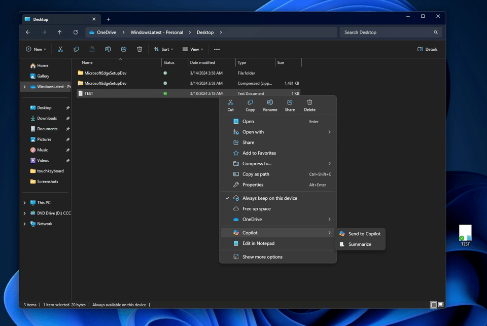 The context menu on a file in Windows 11 showing Copilot options