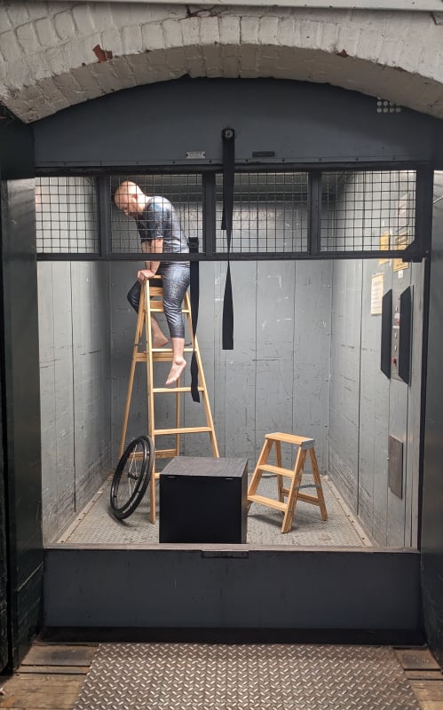 Inside a large freight elevator I am straddling the top of a 6' stepladder, my head bent to avoid the ceiling. The elevator is battered and grey, its grille and door partly closed, overlapping. I'm in a dark shimmery bodysuit that blends with the grey metal. At the base of the tall stepladder is a wheelchair wheel, a small wooden box, and a much shorter stepladder.