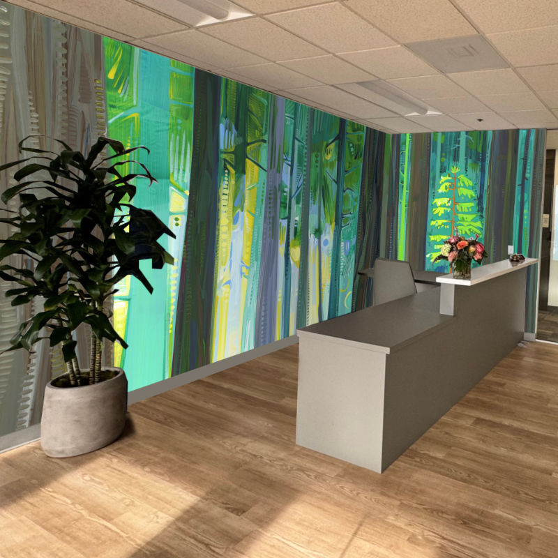 digital mock-up of a mural of trees in an office reception area