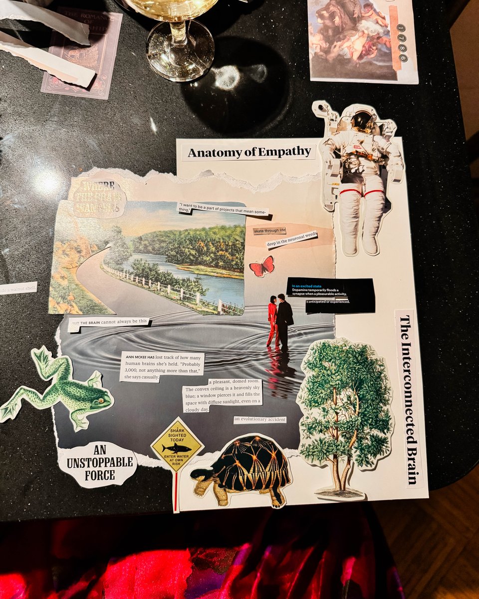 a collage that says "anatomy of empathy" and "the interconnected brain", next to a glass of champagne