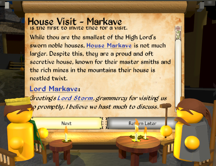 A sample dialogue screen from My Liege showing off the alternate font that is used when playing on the Steam Deck.