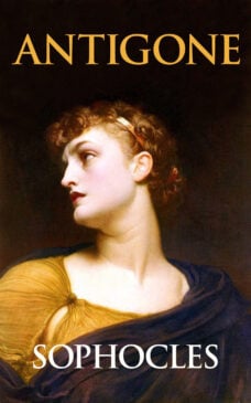 A Greek woman facing left serving as the cover to Antigone by Sophocles.