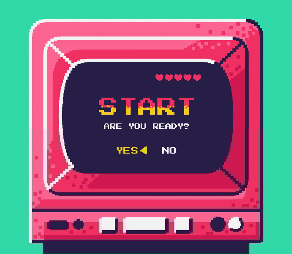 illustration of game screen with START, are you ready?, and yes or no