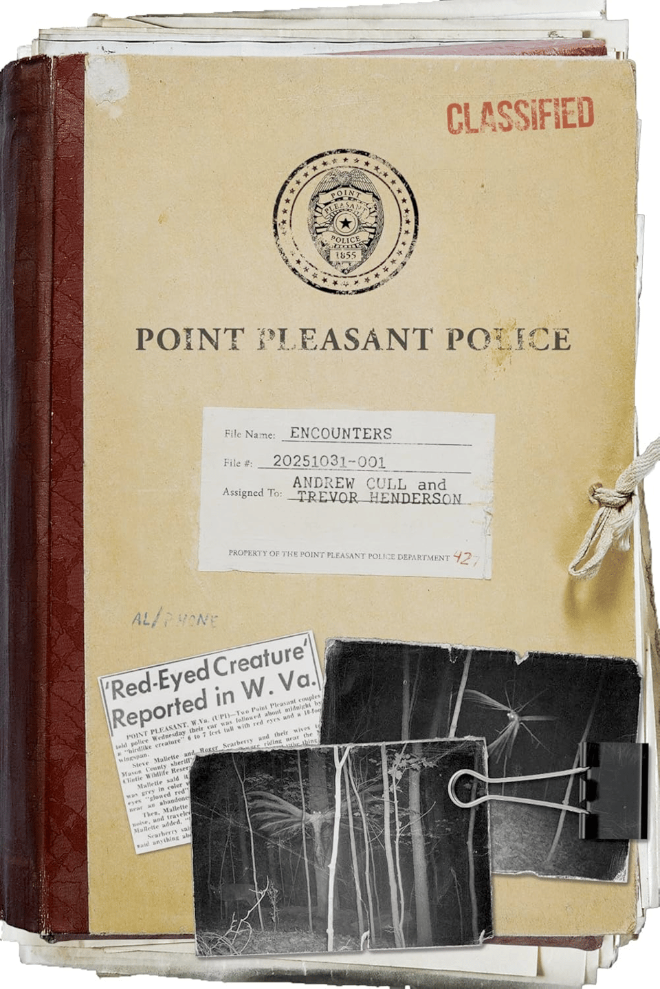 The Cover of ENCOUNTERS WITH CRYPTIDS, which looks like a manila file folder with photos clipped to it.