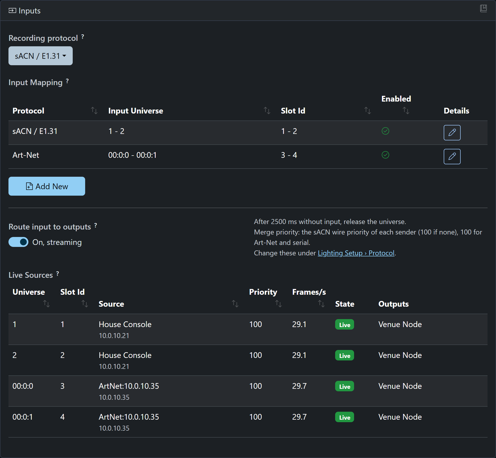The Inputs page with an sACN console and an Art-Net console routed live at the same time