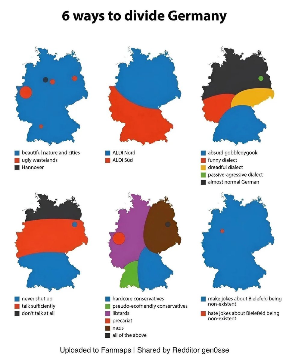 A satirical infographic titled "6 ways to divide Germany" showing six maps of Germany with different regional divisions and color-coding schemes:  Geography: Blue for "beautiful nature and cities," red dots for "ugly wastelands," black dot for "Hannover" Supermarkets: Blue for "ALDI Nord" (north), red for "ALDI Süd" (south) Dialects: Blue for "absurd gobbledygook," red for "funny dialect," yellow for "dreadful dialect," green dot for "passive-aggressive dialect," black for "almost normal German" Communication styles: Blue for "never shut up," red for "talk sufficiently," black for "don't talk at all" Political leanings: Blue for "hardcore conservatives," green for "pseudo-ecofriendly conservatives," purple for "libtards," red dot for "precariat," brown for "nazis," black for "all of the above" Bielefeld conspiracy: Blue for "make jokes about Bielefeld being non-existent," red dot for "hate jokes about Bielefeld being non-existent"
