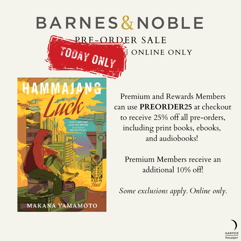 graphic for Barnes & Noble's preorder sale, including the details of the deal. a red stamp reads 9/4-9/6 above the cover of HAMMAJANG LUCK. the text reads: