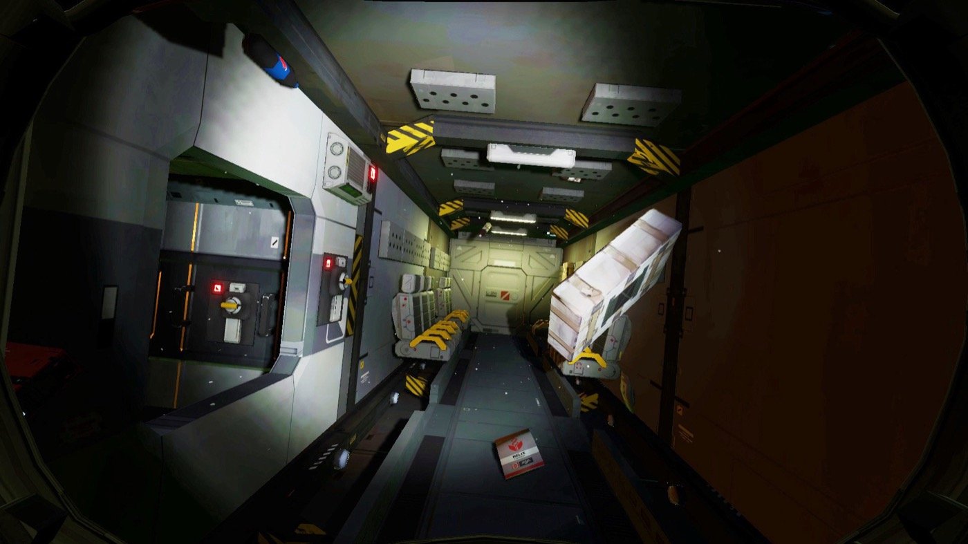A player searches a junked ship for components they can use to fix up their own ride so they can light out for the outer planets.