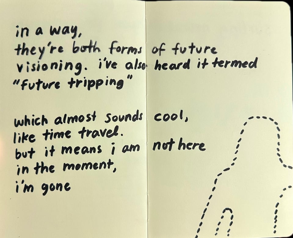 in a way, they're both forms of future visioning. i've also heard it termed "future tripping" which almost sounds cool, like time travel. but it means i am not here in the moment, i'm gone