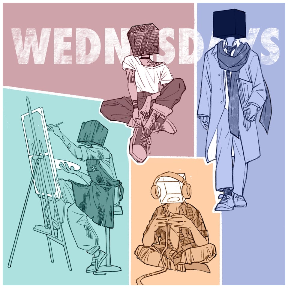 Four characters with square heads drawn in a more realistic style. A man is playing video games with a headset on yellow background, another one is painting a canvas on green background, another one, dressed quite formally, is walking toward us on blue background, and a woman with a white t-shirt, tattoos and a choker is sat on the floor, looking in our direction