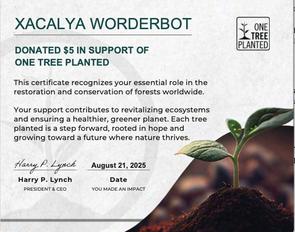 Proof of donation to One Tree Planted non-profit organization.