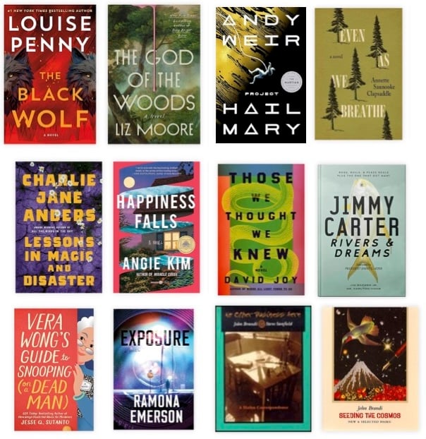 12 books covers: The Black Wolf, The God of the Woods, Project Hail Mary, Even As We Breathe, Lessons in Magic and Disaster, Happiness Falls, Those We Thought We Knew, Jimmy Carter Rivers and Dreams, Vera Wong's Guide to Snooping (on a Dead Man), Exposure, No Business Here, Seeding the Cosmos