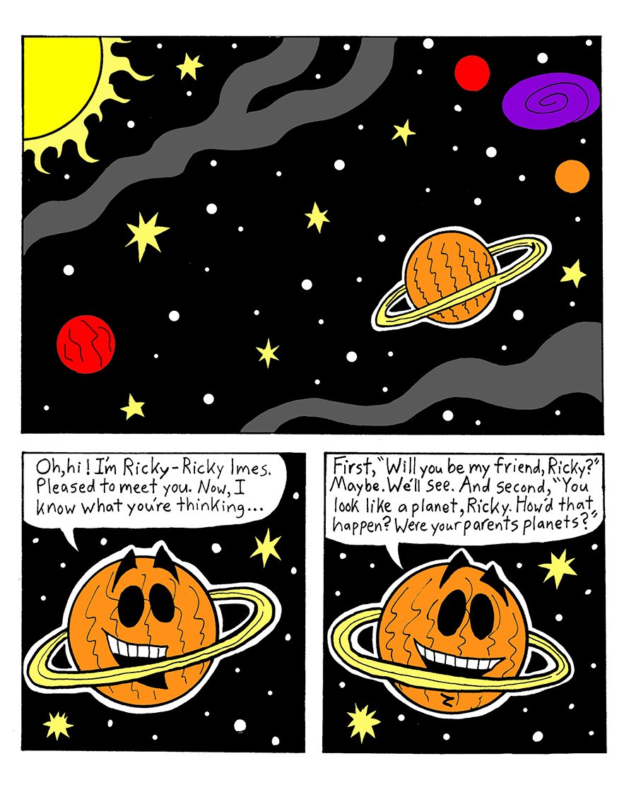 Page 1 of my Ricky Imes comic. Ricky talks to the reader.