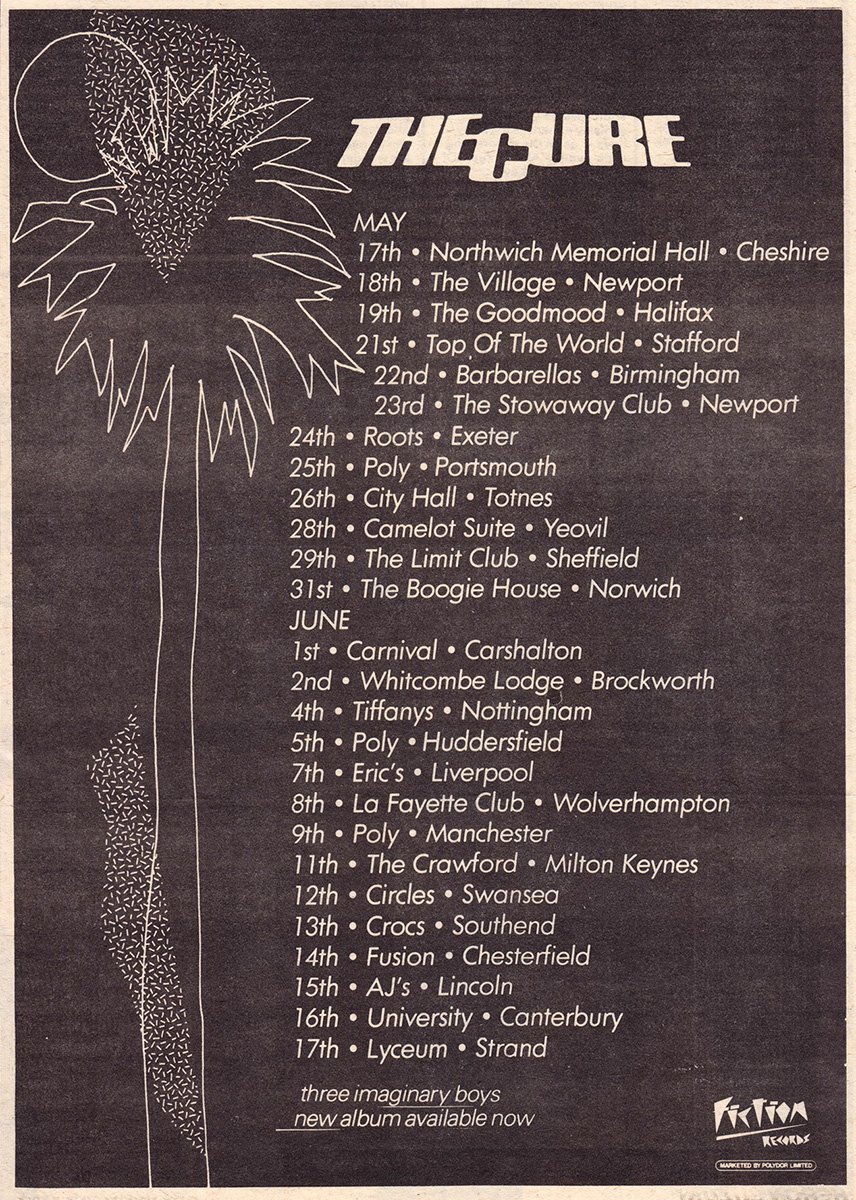 Poster advertising the Cure's 1979 tour, including Totnes. The design is black, with a line drawing of a palm tree picked out in white