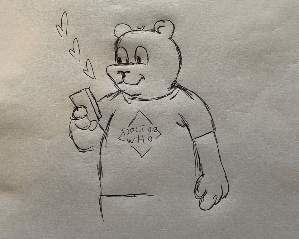 A rough sketch of a bear in a Doctor Who shirt staring lovingly at a phone