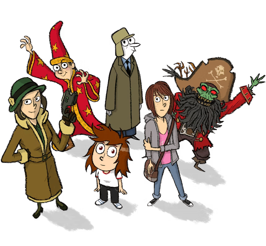 A group of adventure game characters drawn in a cartoon style